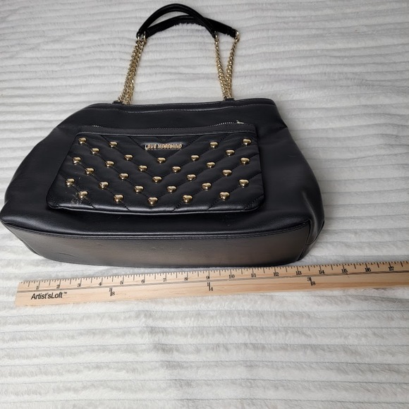 Love Moschino Black Studded Quilted Handbag Gold Chain Purse Heart Details Vegan - Picture 4 of 12